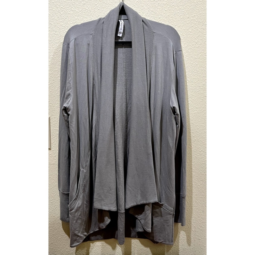 Athleta Womens Pranayama Wrap Large Green Open Front Cardigan Thumb Holes Cozy